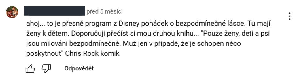 Diskuzní příspěvek Red Pillera z YouTube.