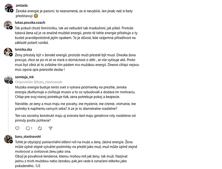 Ukázky smýšlení o mužsko-ženské energie uživateli sociální sítě Thread